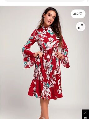Lulu's Red Floral Long-Sleeve Midi Dress